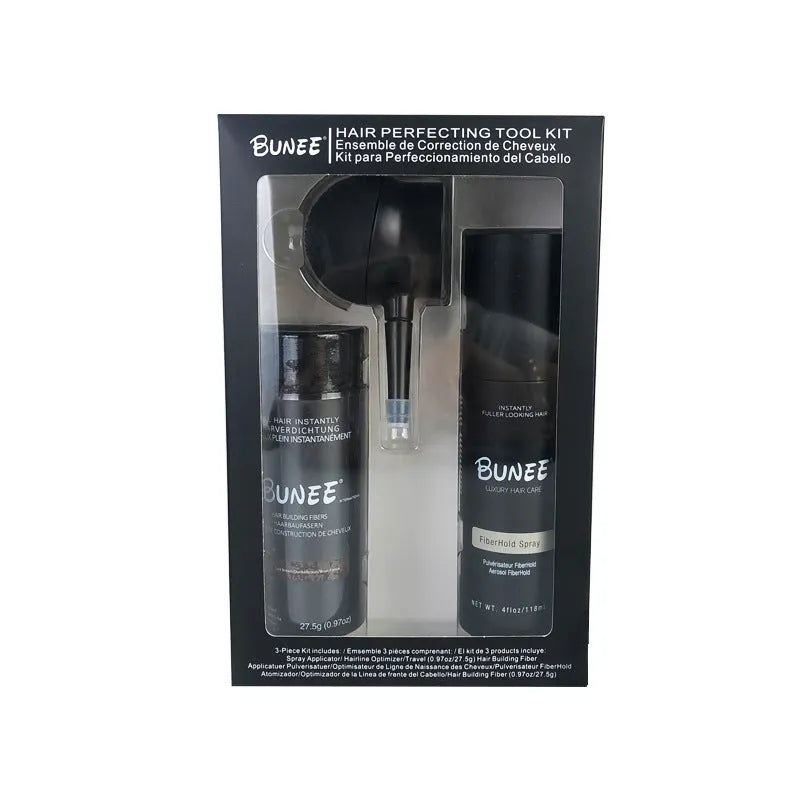 Dense Hair Fibre 275g kit with powder canister, shaping spray bottle and application nozzle.