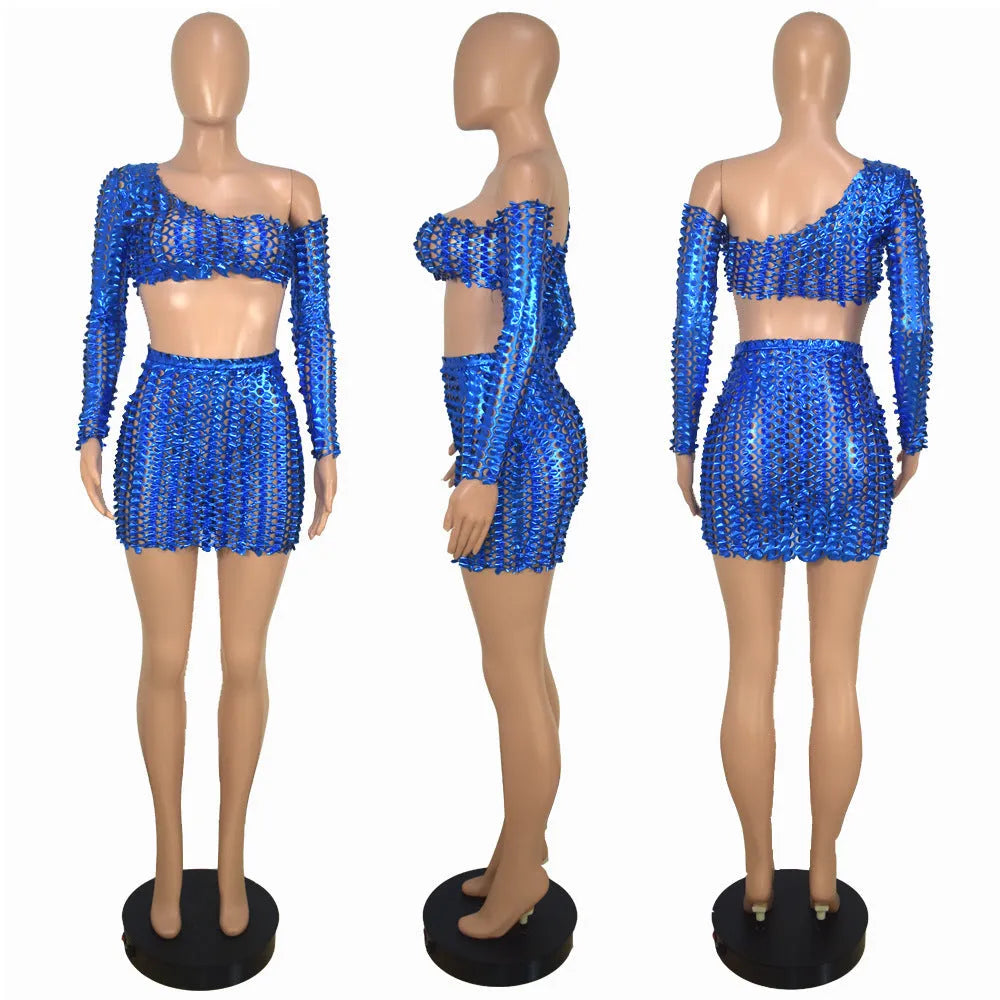 Women's black net hole hollow-out two-piece dress set with sleeveless top and short skirt
