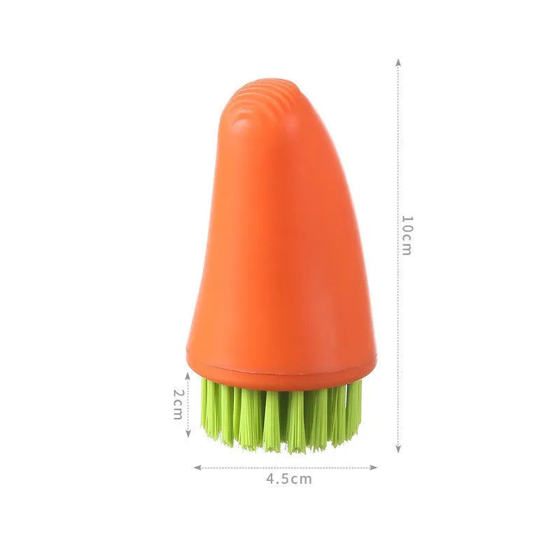 White and orange radish-shaped carrot cleaning brush with nylon bristles for washing root vegetables