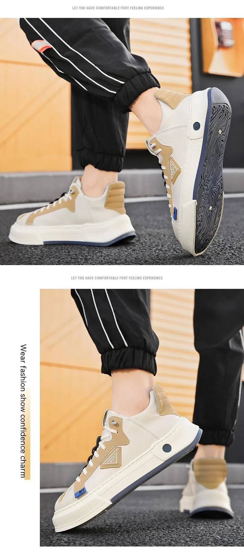 Men's black and beige casual sneakers with elastic band closure and round toe design