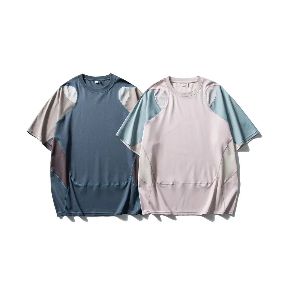Men's loose patchwork contrast colour sports T-shirt with short raglan sleeves