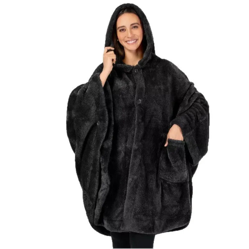 Super thick hooded bathrobe cloak in black, dark grey, or pink, showing cardigan style and long sleeves.