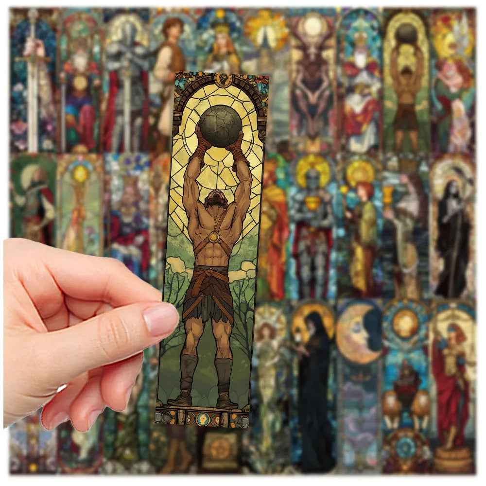 30 painted glass tarot paper bookmarks laid out showing different designs