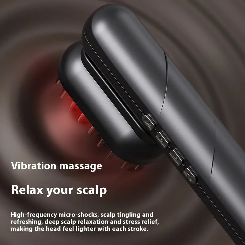 Four-in-one red light EMS massage comb for scalp soothing in black and pink, 7.5cm x 7cm x 21.5cm