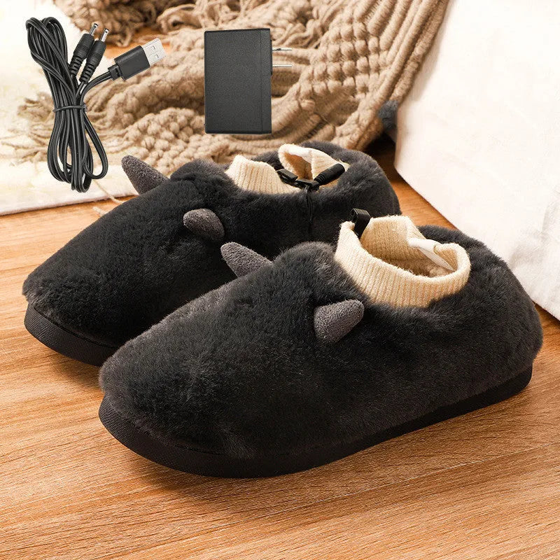 USB electric heating slippers in soft velvet, showing adjustable temperature controls and a connected USB cable.