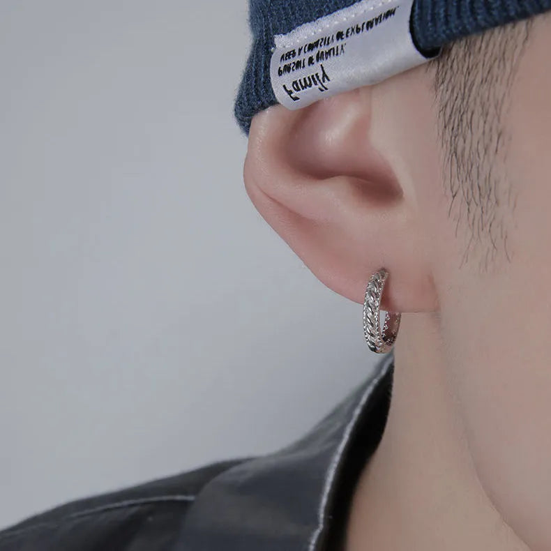 West Coast men's geometric copper hip hop earrings in silver, showing 10mm and 14mm sizes.