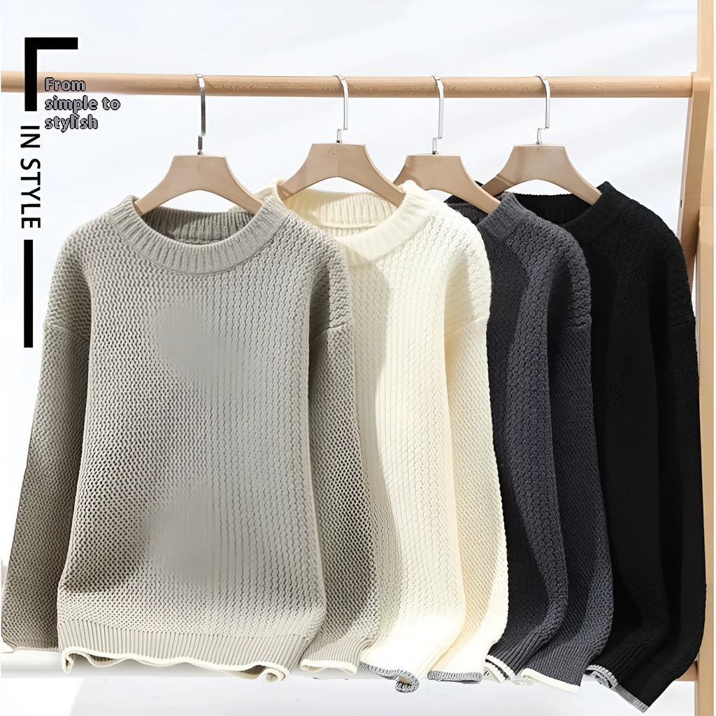 Men's grey chemical fibre blending sweater with round neck and long sleeves in loose fit