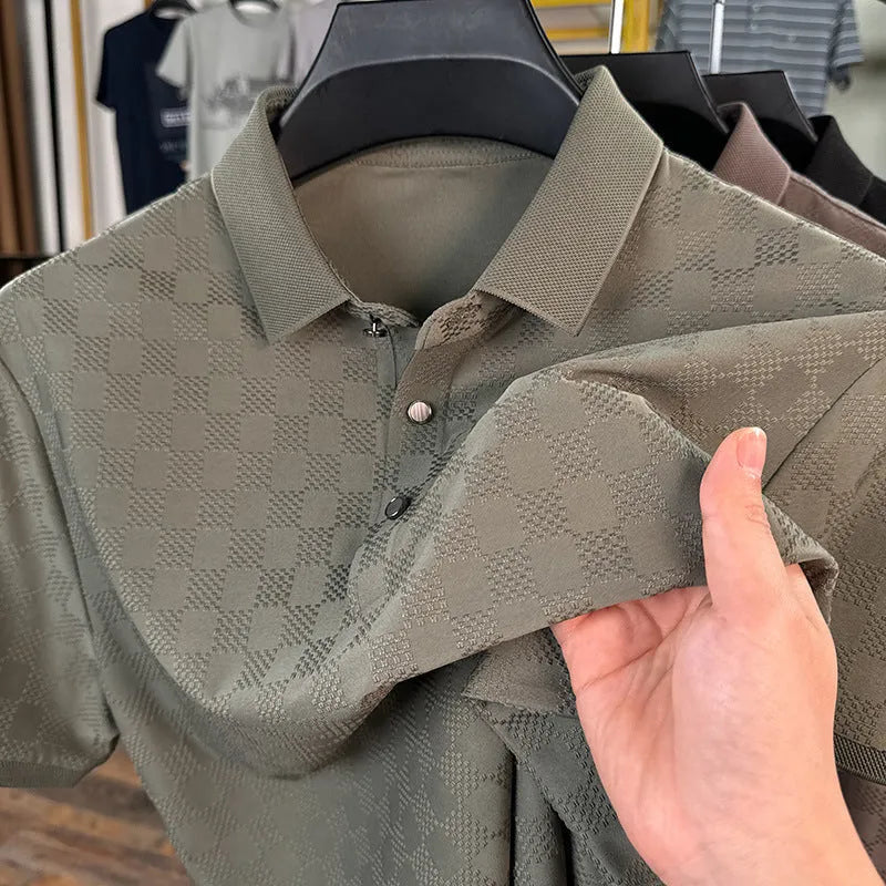 Rhombus brand thin ice silk short sleeve T-shirt for men in black, showing V-neck with slit detail.