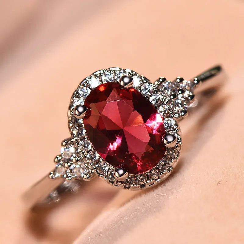 Oval ruby ring with diamond treatment in ruby white gold colour, adjustable copper women's ring