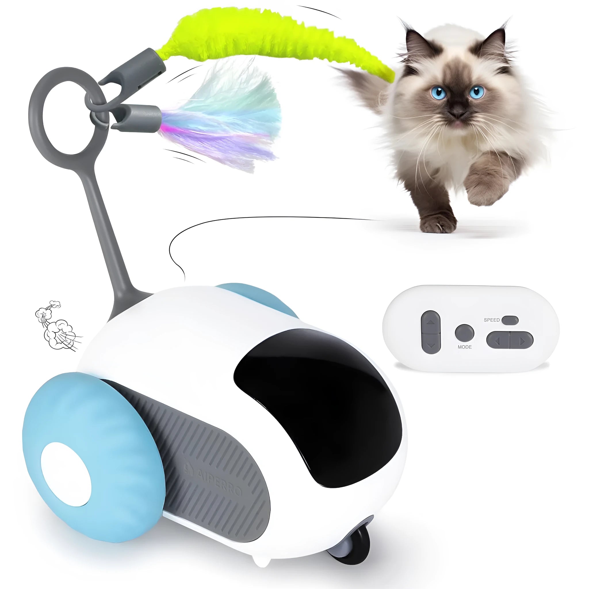 Blue and orange smart cat toy car with remote control featuring feather teaser attachment