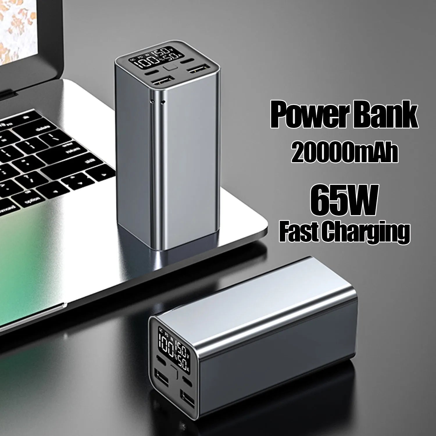 65W 20000mAh metal laptop power bank in black, blue or grey colours