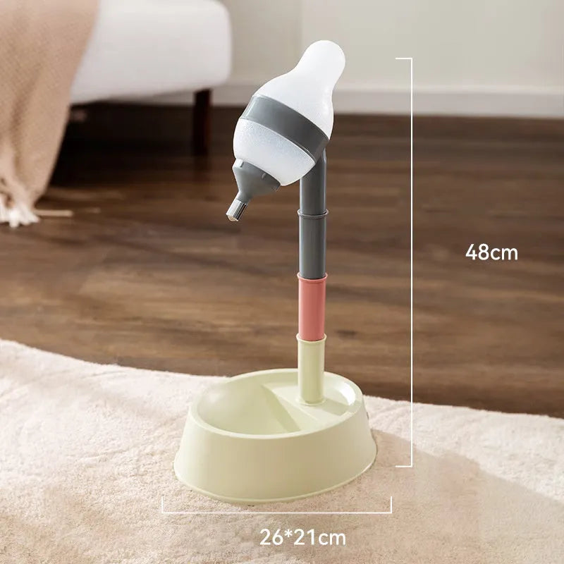 Green adjustable standing water dispenser for pets with detachable pole and weighted base.