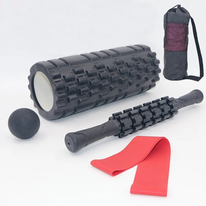 Black 33cm foam massage roller with six distinct segments for muscle recovery