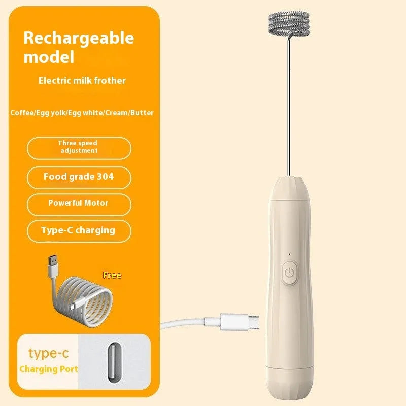Mini handheld electric milk frother in black, white, or khaki colours with USB charging port