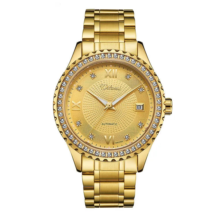 Fashionmonger men's gold and black automatic waterproof watch with luminous hands on a wrist.