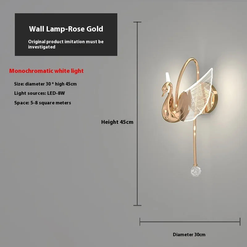 Gold swan-shaped wall lamp with acrylic shade and iron construction for bedroom lighting