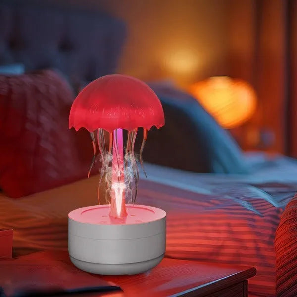 White jellyfish style humidifier diffuser with colourful LED lights and mist output