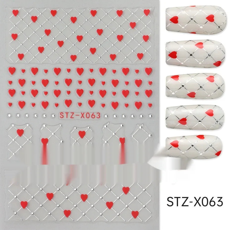 Pack of black and silver striped nail art stickers with cartoon and love pattern designs.