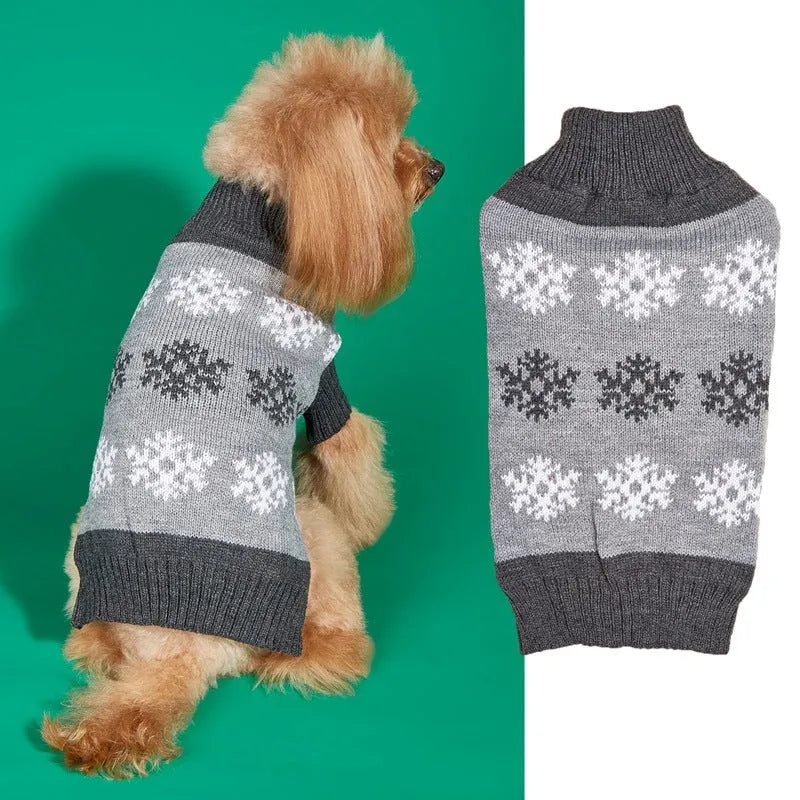 Grey and dark brown acrylic dog Christmas sweater shown in multiple sizes for festive pet wear