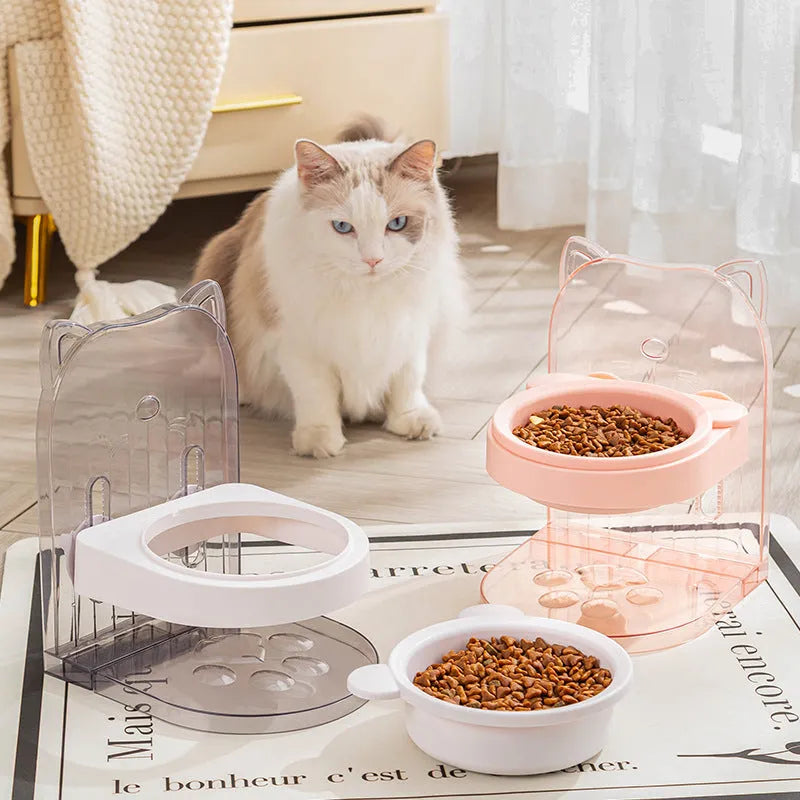 Grey cat feeding bowl with cat ears neck protection collar and adjustable height mechanism