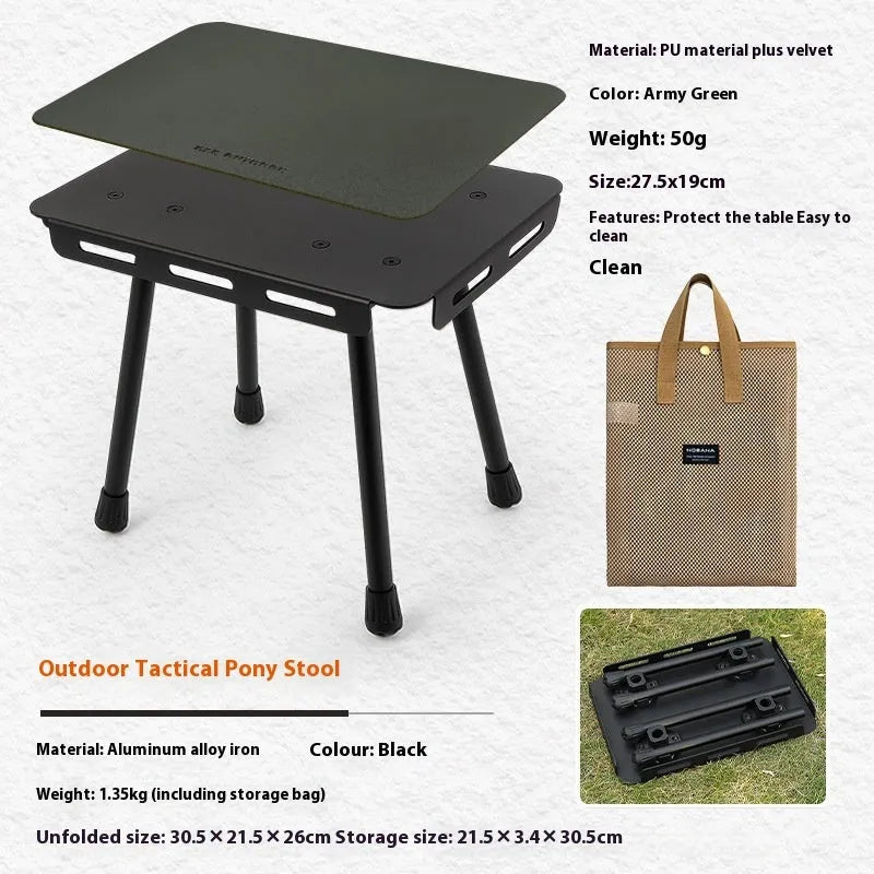 CLS aluminium dual-use folding camping stool shown extended as a table and folded with its carry bag.