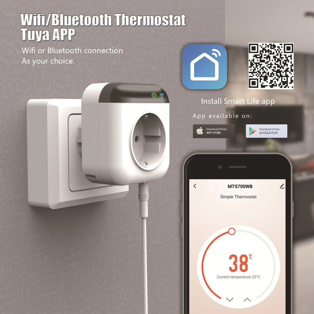 White Tuya WiFi smart temperature control socket with US 3-hole outlet and temperature sensor probe