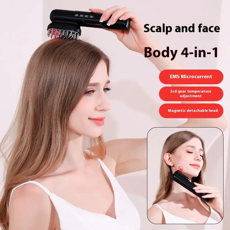 Four-in-one red light EMS massage comb for scalp soothing in black and pink, 7.5cm x 7cm x 21.5cm