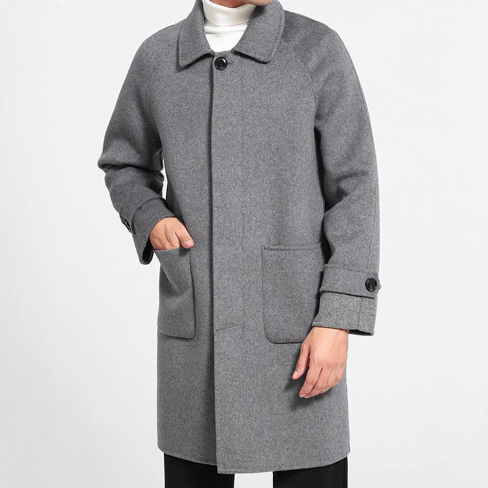 Men's wool reversible mid-length single-breasted baggy coat in black with wool lining