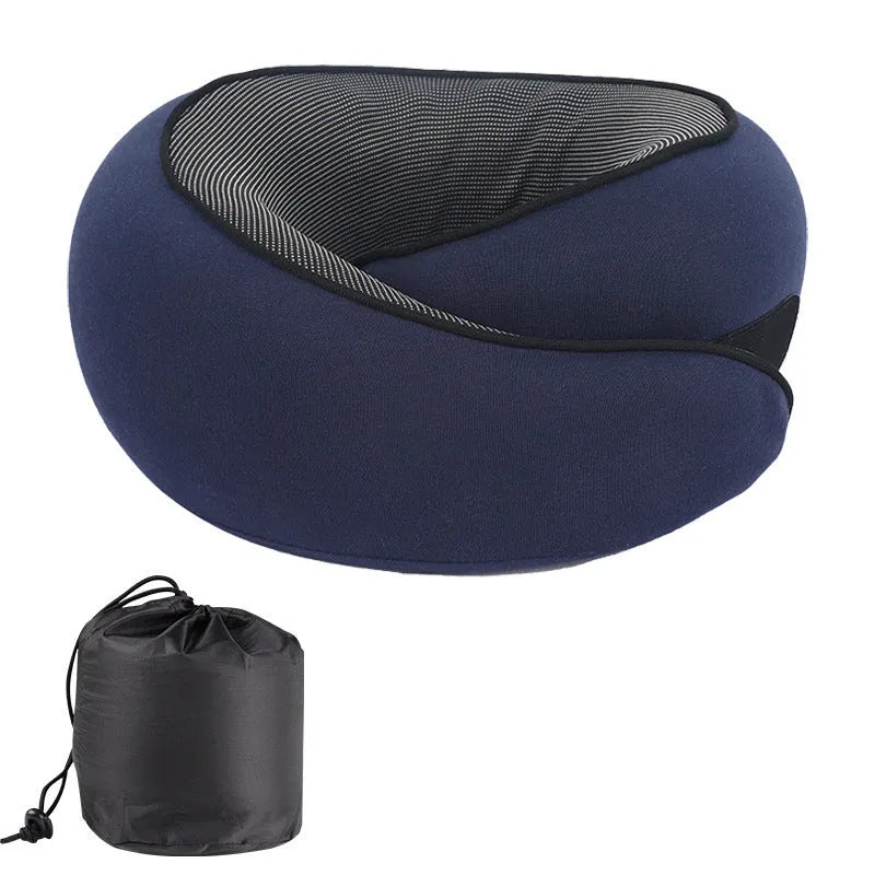 U-shaped memory foam travel neck pillow in light grey with a storage bag.