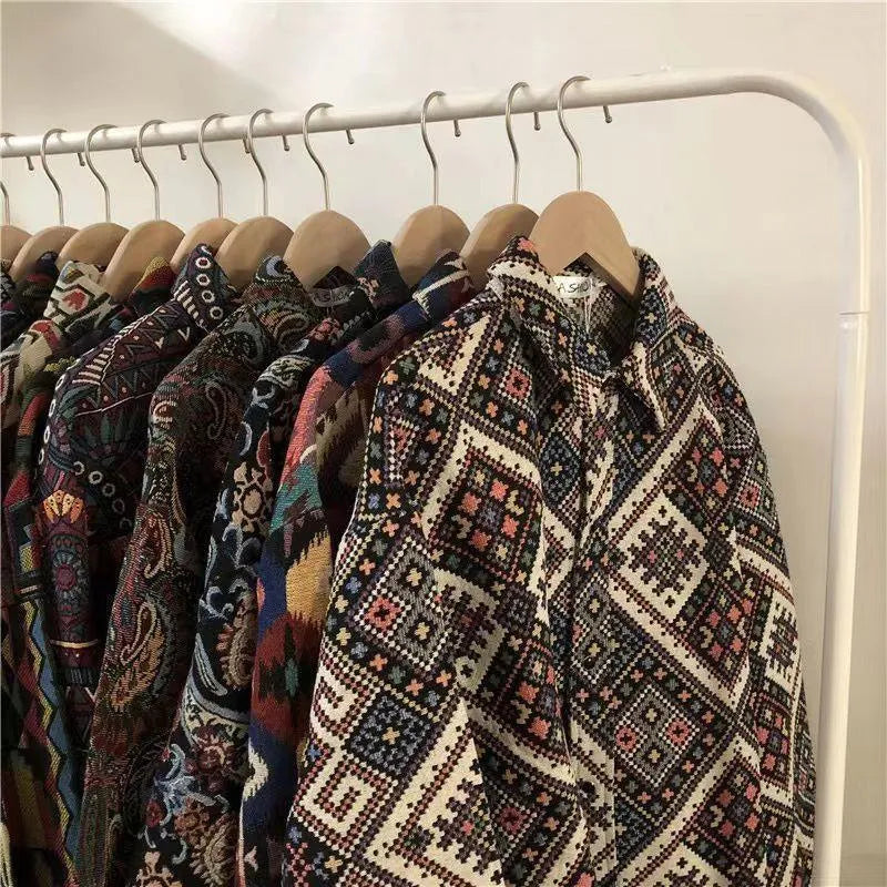 Loose Japanese retro ethnic style couple long sleeve cardigan shirt in brown polyester, front view