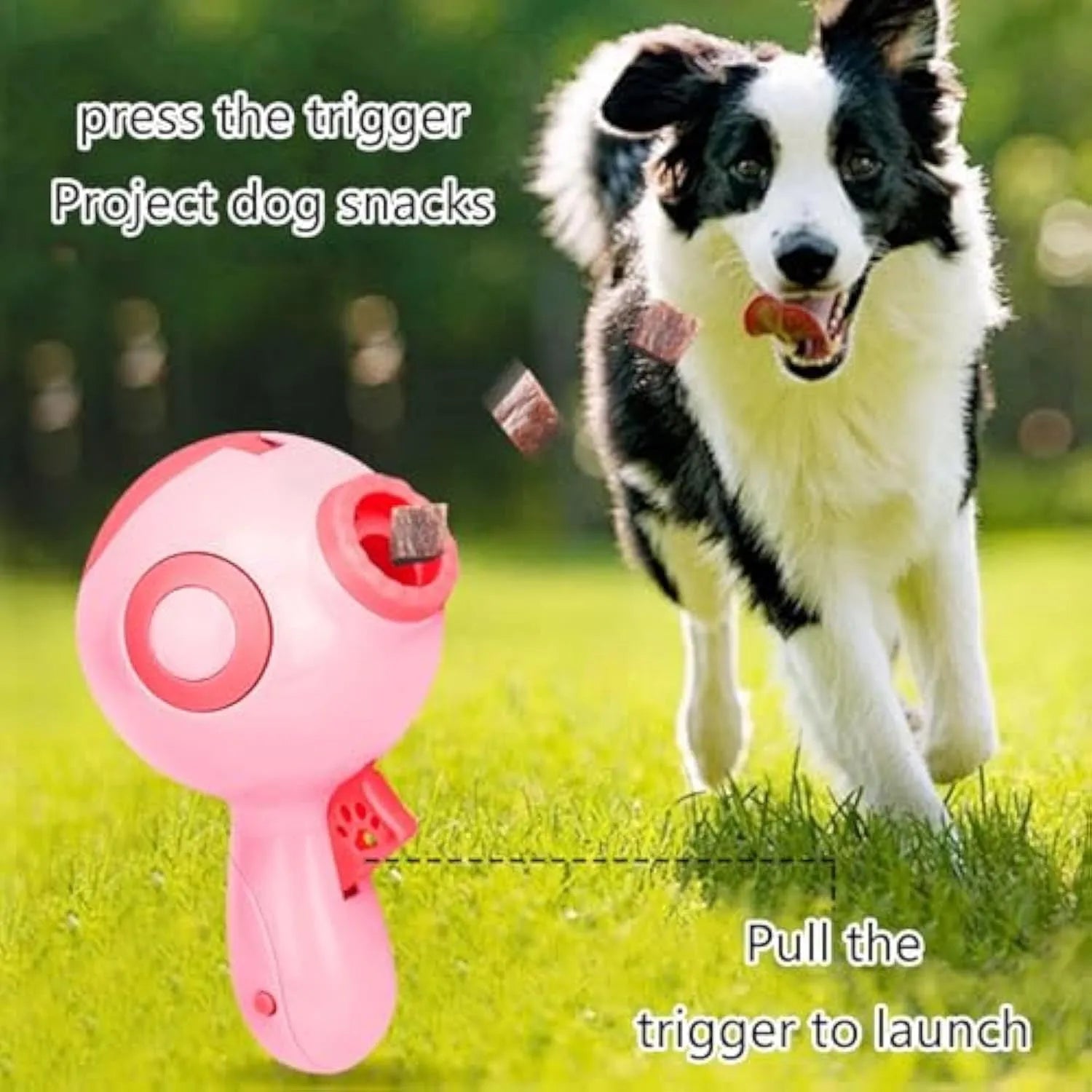 Green, orange or pink dog treat launcher toy measuring 15.5 cm with treat dispensing mechanism