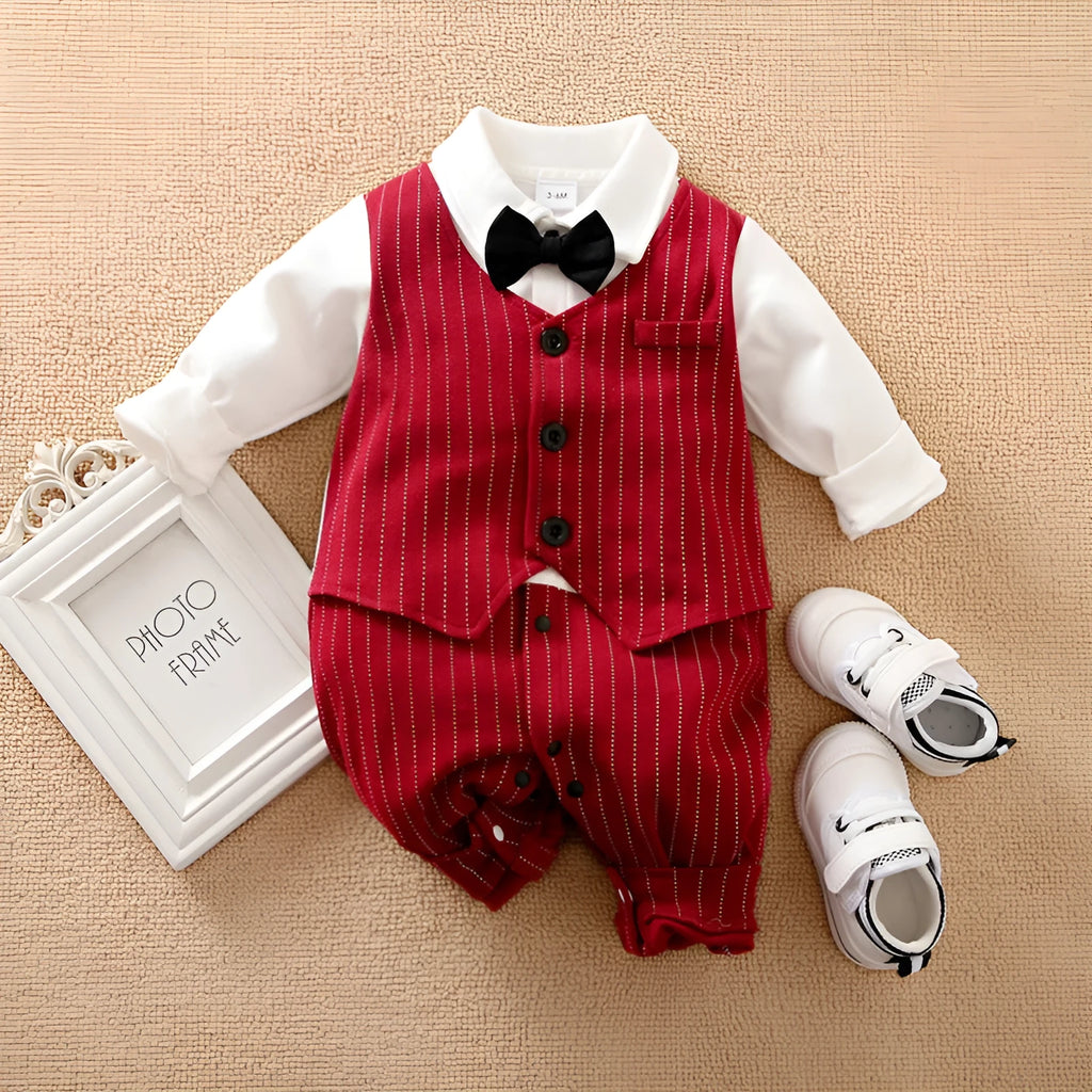 Wine red long sleeve cotton romper for a baby boy with a single-breasted closure.