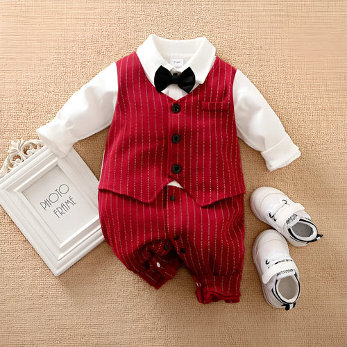 Wine red long sleeve cotton romper for a baby boy with a single-breasted closure.