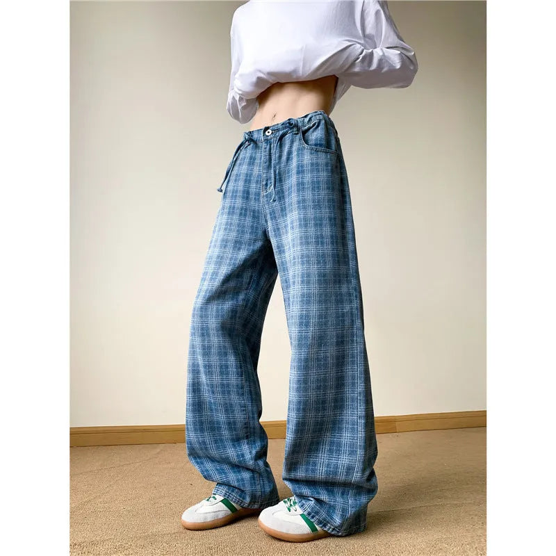 Retro blue plaid wide-leg skinny jeans with mid waist and zip fly, front view, blue denim fabric