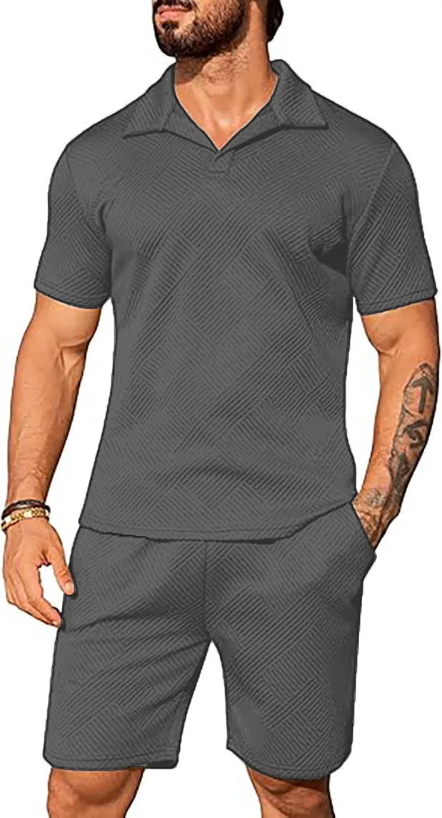 Men's casual solid colour polo short oversleeves set with matching shorts in black, blue, and light grey
