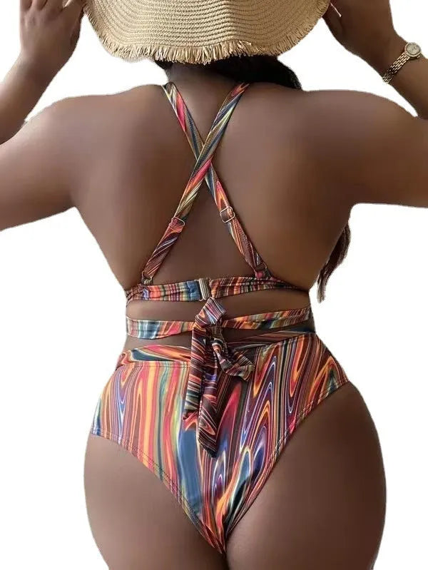 Women's high waist split floral bikini swimsuit in polyester with matching top and pants