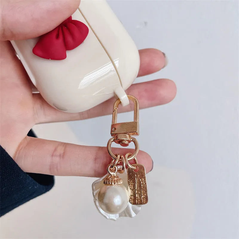 Beige red bow shell design TPU protective case for Apple AirPods Pro wireless earphones