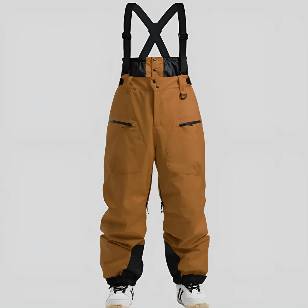 Men's black waterproof ski trousers with adjustable belt straps made from thick linen fabric.
