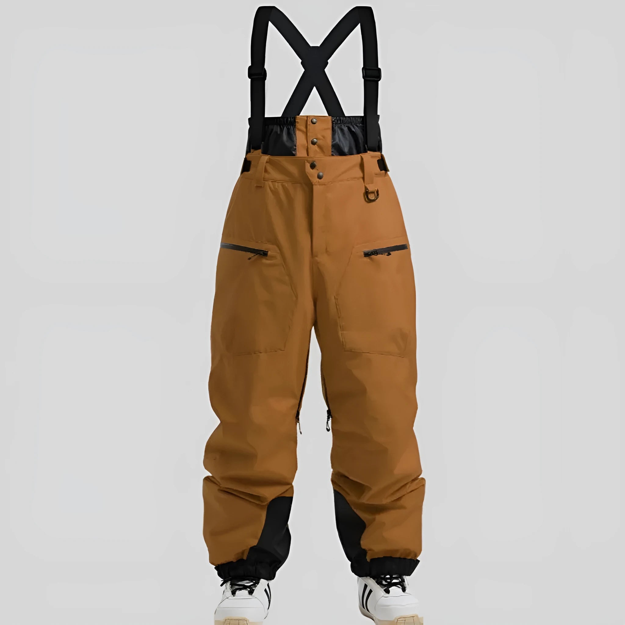 Men's black waterproof ski trousers with adjustable belt straps made from thick linen fabric.