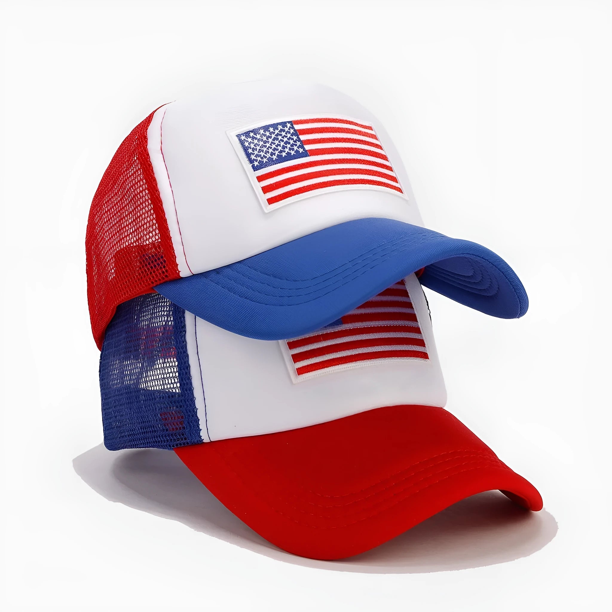 Red and blue contrast mesh baseball cap with adjustable strap and dome crown.