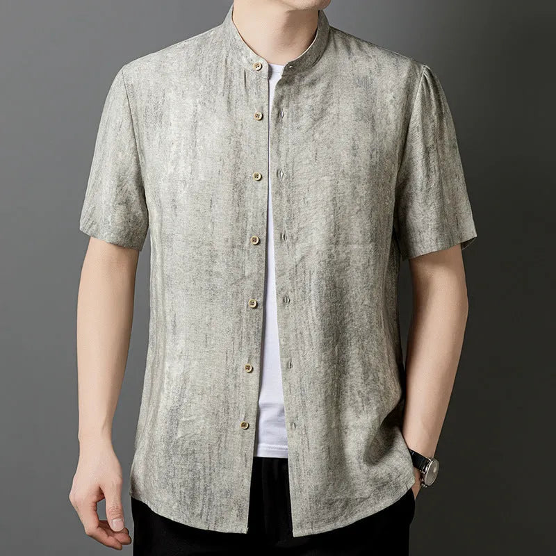 Men's loose linen cardigan shirt with stand collar in chemical fibre blend fabric