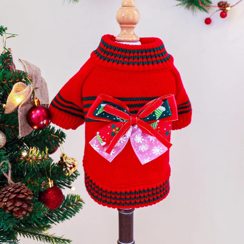 Red or green Christmas-themed polyester sweater for small dogs or cats on a festive background