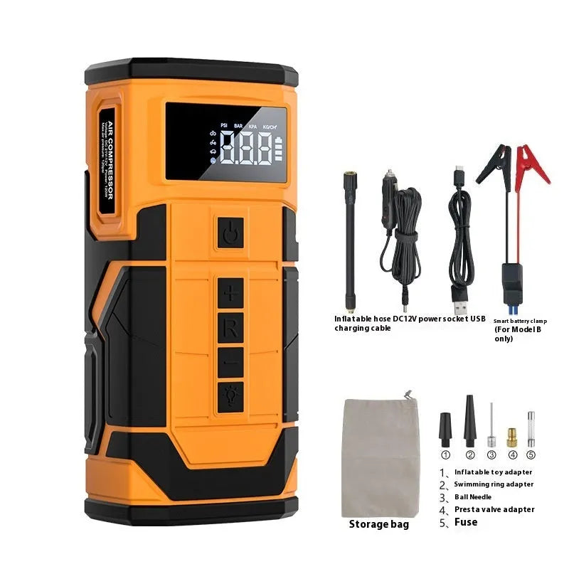 Black and yellow car jump starter with SOS light and Type-C charging cable