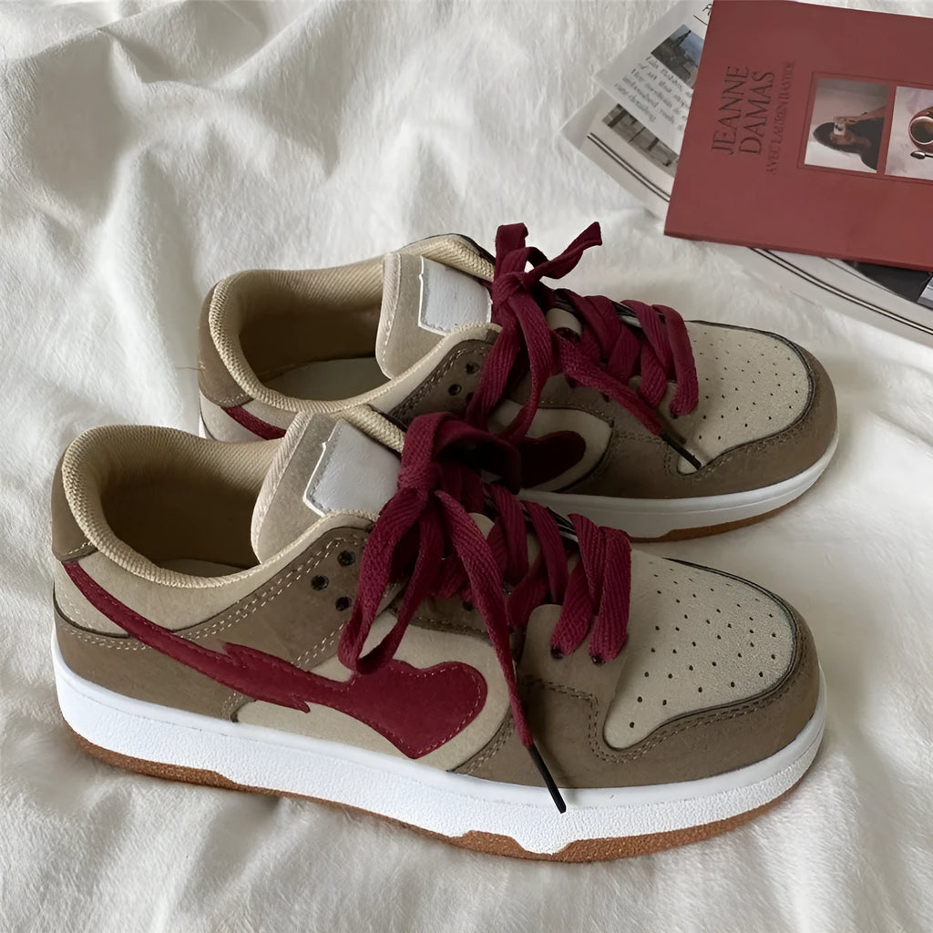 Brown women's casual sneakers with big head bread design, mid heel, round toe, and front lace-up fastening