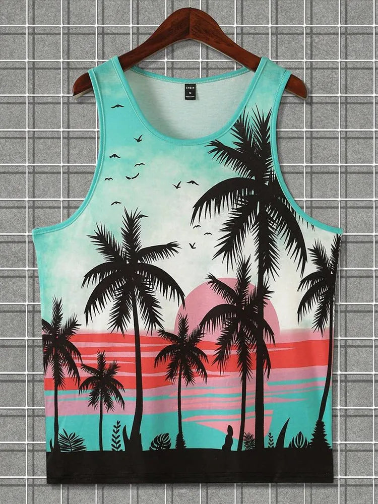 Men's solid colour Hawaiian style 3D printed sleeveless vest t-shirt in polyester fabric