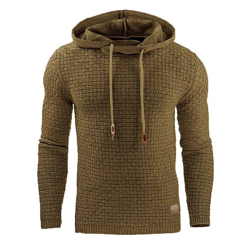 Men's black cotton-polyester blend hooded sweatshirt on a hanger, showcasing the front hood and kangaroo pocket.