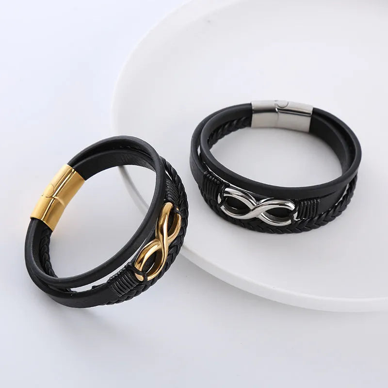 Men's retro pu leather twist weave infinite symbol bracelet in steel colour with electroplated finish