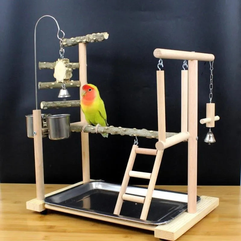 A pepper wood parrot play stand and toy gym for medium to large birds.