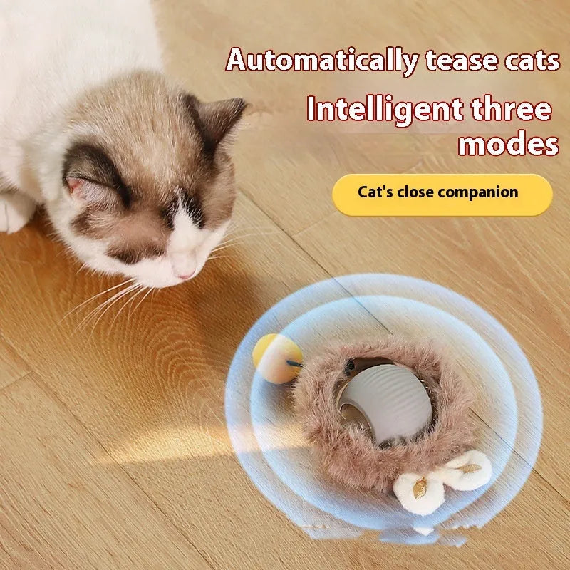 Silicone cat rolling ball toy in green, grey, red, and pink plush designs with optional rope attachment