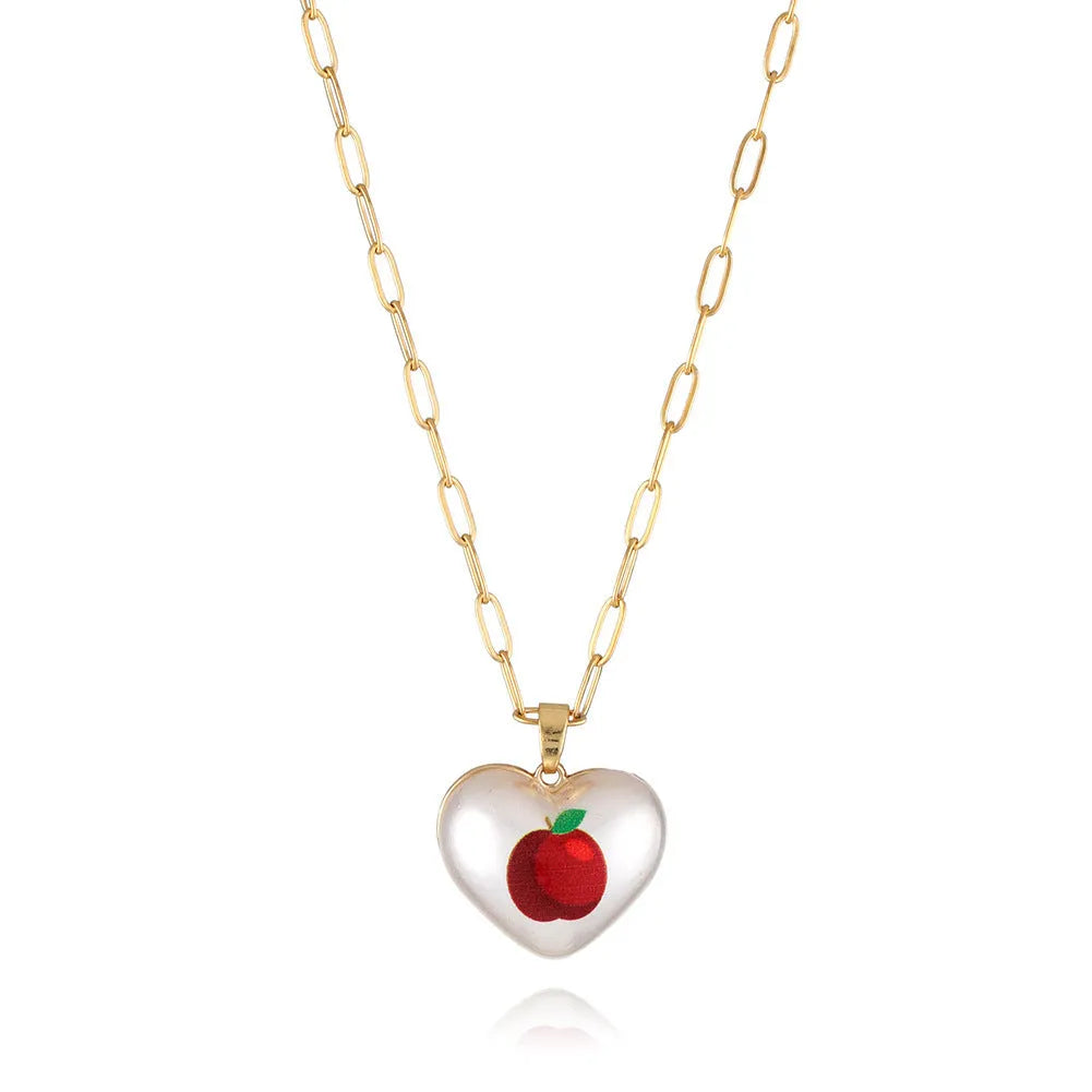 Geometric fruit pendant necklace with adjustable chain showing apple, pineapple, strawberry, cherry and pear designs